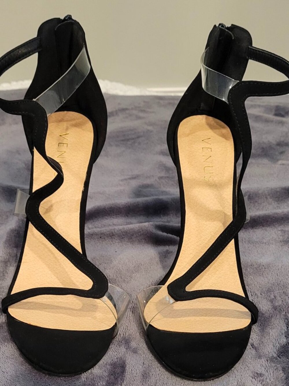 Venus black heels with Clear Strap Accents Suede